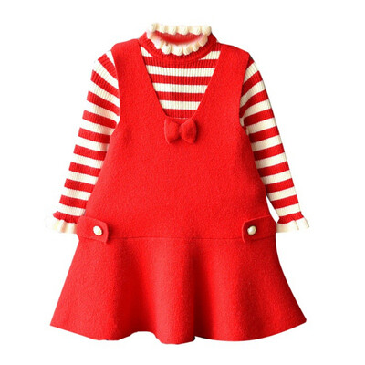 

Autumn Baby Girl Cute Long Sleeve Striped Print Sweater BlouseStrap Dress Casual Outfits Set