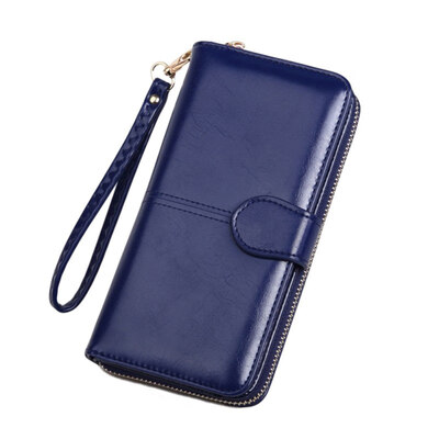

Fashion Women Solid Color Waxy Leather Long Zipper Wallet Phone Holder Purse