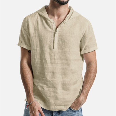 

Toponeto Mens Baggy Cotton Linen Solid Color Short Sleeve Hooded T Shirts Tops Blouse