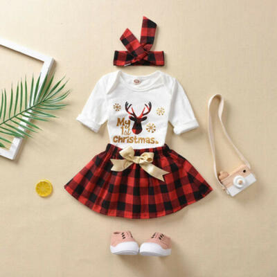 

3PCS Newborn Baby Girl 1st Christmas Romper Tops Dress Skirt Outfits Clothes Set