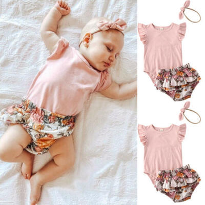 

US 3PCS Newborn Baby Girl Clothes Top Romper JumpsuitShortsHeadband Outfit Set