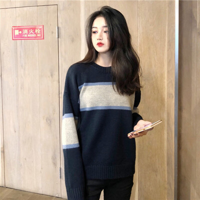 

Women Spring Autumn Sweater Knitted Casual Sweaters O-Neck Long Sleeve Loose Fashion Pullover Tops Striped Tops