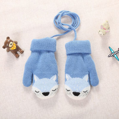 

Cute Cartoon Bear Baby Gloves Winter Wool Plus Thick Full Rope Finger Mittens Warm Knitted Gloves