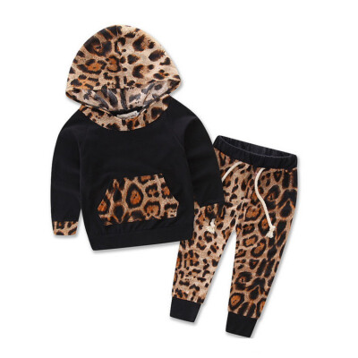 

Autumn Toddler Baby Girls Long Sleeve Floral Leopard Print Hoodie Patchwork Sweatshirt TopsPants Trouser Costume Set