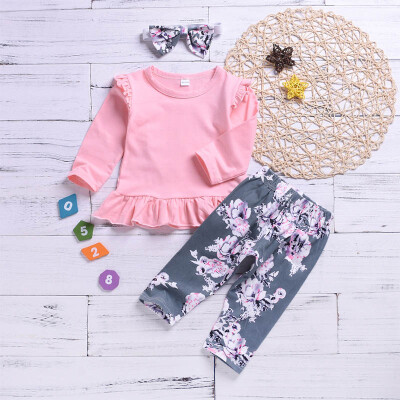 

Autumn Baby Girls Adorable Solid Print Long Sleeve Sweatshirt Floral Trousers With Headband Casual Outfits Clothes