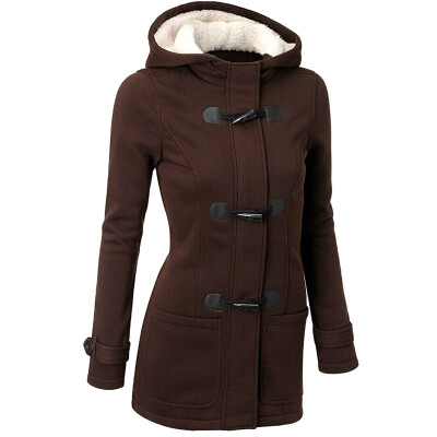 

Hooded Winter Women Thick Coat Cotton Jacket Casual Solid Color Fashion Long Horn Button Female Coat