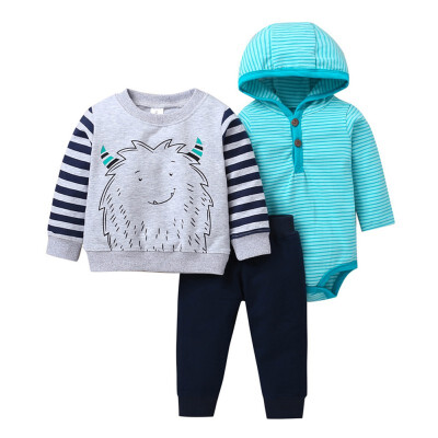 

3PCS Boy Clothes Long-Sleeved Trousers Hooded Boys Cartoon Striped T-Shirt Solid Color Pants Romper