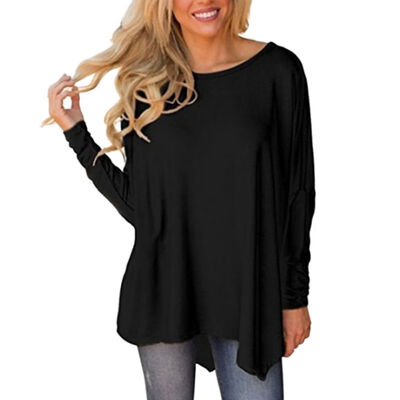 

Autumn Women Solid Color Loose Long Batwing Sleeve Casual Tops Plus Size