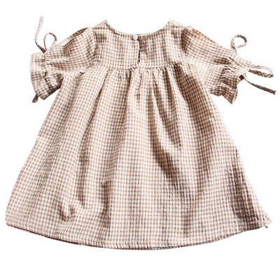 

Summer Round Neck Plaid Dress Baby Girls Short Sleeve With Drawstring Solid Color Cotton Dress Vestido