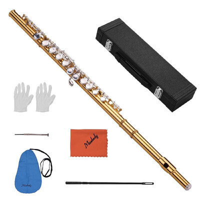 

Muslady Professional Closed Hole C Flute Cupronickel Gold-plated Tube 16 Silver-plated Keys Wind Instrument with Padded Carry Case