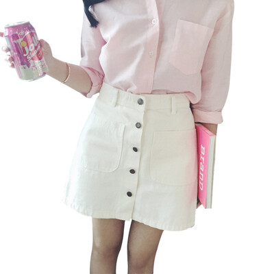 

New Summer Womens ladies A-line Pencil Jeans Skirt Front Button Casual High Waist Denim Small Pockets Skirt Harajuku