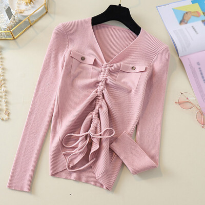 

Sweet Drawstring Women Sweater Summer Autumn New Simple Solid Color Sweater Fashion V-Neck Loose Long Sleeve Sweater Tops