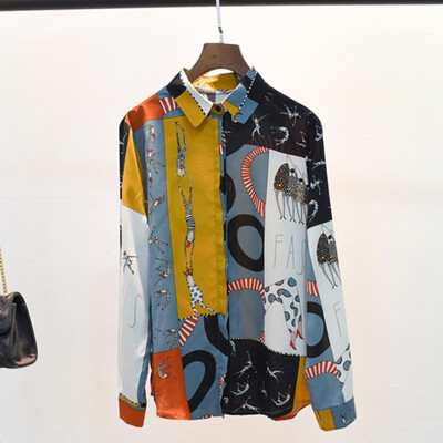 

Vintage Blouse Women Cartoon Floral Print Lapel Shirt Loose Single-breasted Blouses Long Sleeve Blusas Mujer De Moda