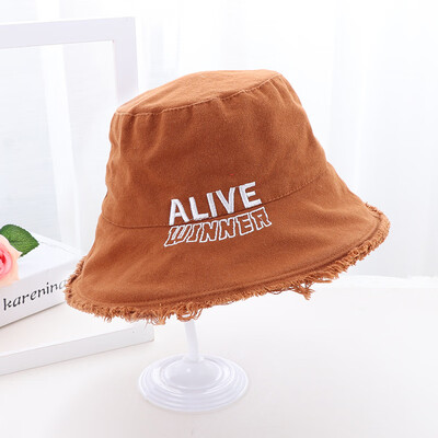 

Korean version of the new woolly denim fisherman hat solid-colored letter womens hat casual flat top basin hat big edge sun hat