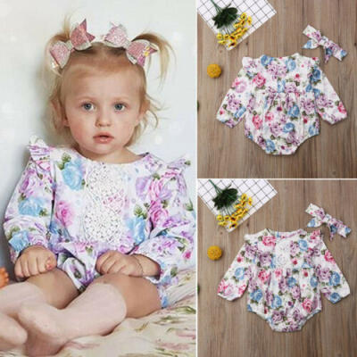 

Newborn Baby Girls Long Sleeve Flower Tops RomperHeadband Set Outfits Clothes