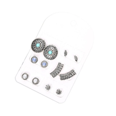 

6 Pairs Retro Round Feather Flower Bead Turquoise Stud Earrings Women Boho Jewelry Gift Set Earrings Set