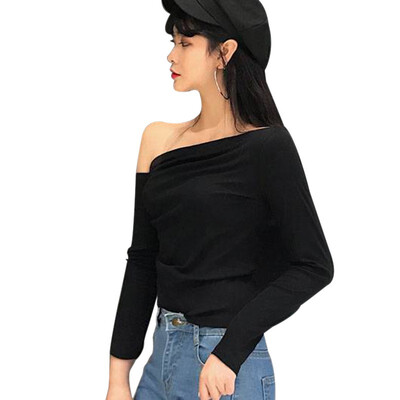 

2019 Autumn Long Sleeve T Shirt Women Sexy Off Shoulder Tops Female Casual Solid Color T-Shirt Black Grey Slim Tee Shirt Femme