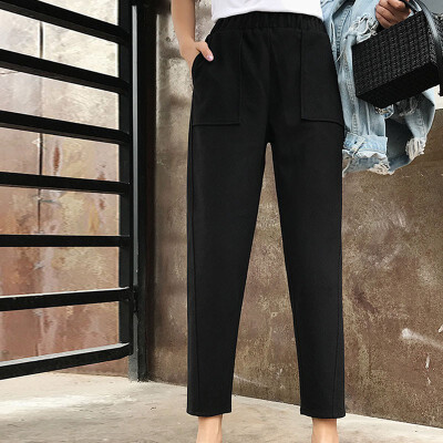 

Women Autumn Woolen Pants Solid High Waist Pencil Pants Ankle Length Trousers Black Suit Pants Pockets Trousers 2019 Hot