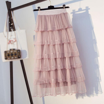 

Spring Summer Sweet Cake Layered Long Mesh Skirts Princess High Waist Ruffled Vintage Tiered Tulle Pleated ins Skirts Lace