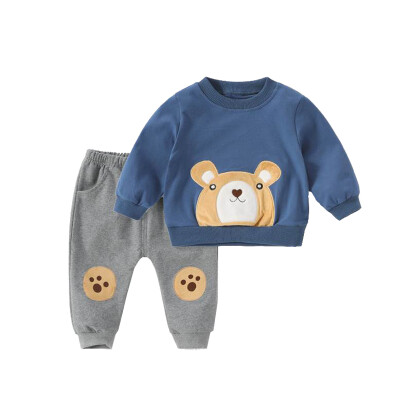 

Autumn Baby Kids Boys Girls Long Sleeve Cotton Clothing Sets Cute Cartoon Bear Printed Sweatshirt Solid Color Trouser Sets