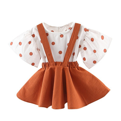 

Summer Baby Girl Flare Sleeve Polka Dot Print T-shirt Strap Skirts Cotton Casual Outfits Set