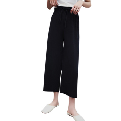 

Autumn High Waist Stretch Knit Wide Leg Pants Women Drawstring Solid Color Loose Straight Long pant