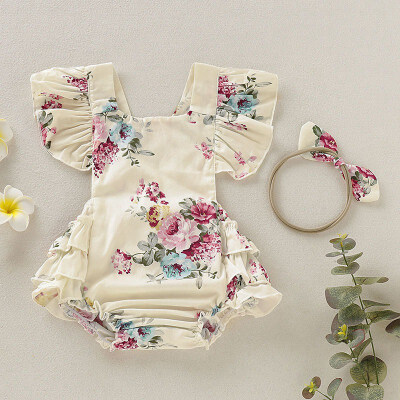 

Summer Newborn Baby Girls Floral Rompers Set Flare Sleeve Jumpsuit With Headband