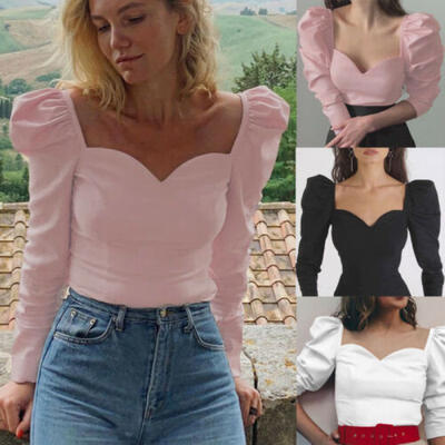 

Womens Cropped Top Long Puff Sleeve Tee Ladies Summer Casual T-shirt Blouse Slim