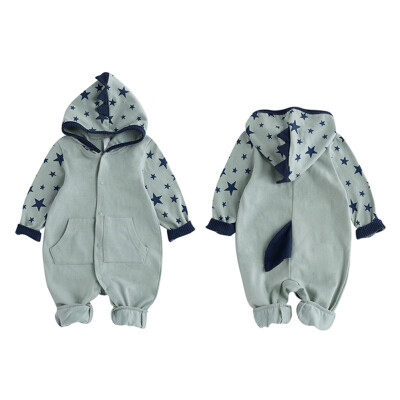 

3-24M Baby Clothes Girls Boys Spring Autumn Romper Hooded Long Sleeves Dinosaur Print Button Climb Soft Jumpsuit