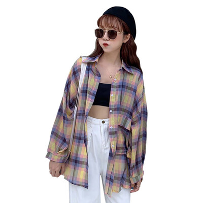

2019 Women Fashion Big Pocket Plaid Shirts Female Turn-down Collar Long Sleeve Shirt Women Casual Loose Blouses Blusas