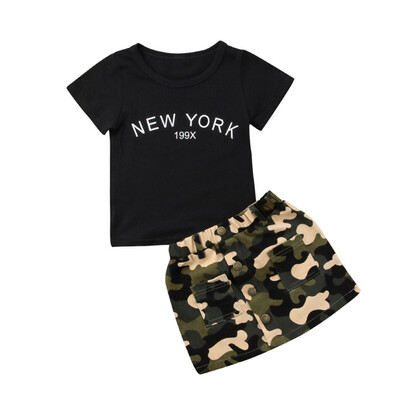 

Childrens Sets Summer Girls T-shirt Skirts Set New York Print Casual T-shirt Camouflage Dress Girls Clothes Set Summer