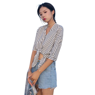 

2018 Women Striped Half Sleeve Shirt V-Neck Loose Blusas Femme Casual Tops Sexy Tee