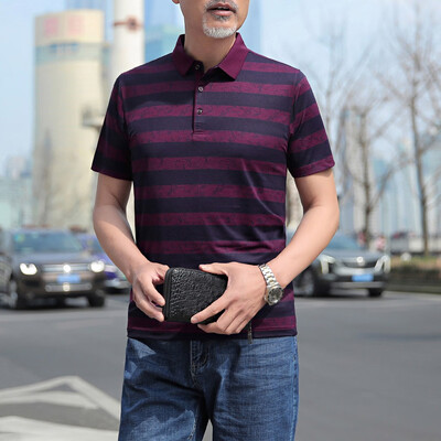 

Tailored Fashion Men Middle-aged Stripe Slim Slim Short Sleeve Turn-down Collar T-shirts