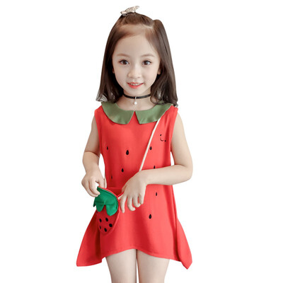

1-6T Girls Dresses Summer Doll Neck Cute Princess Little Strawberry Flower Sweet Sleeveless Dress