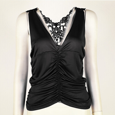 

Plus Size Sexy Women Summer Lace Backless Vest Sleeveless V-neck Pleat Casual Tank Tops Milk Slik Fashion Female Tops 4 Colors