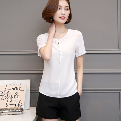 

Solid Color Fashion Women Shirts Single Breasted Short Sleeve Blouse Casual Brief Style Female Chiffon Shirt
