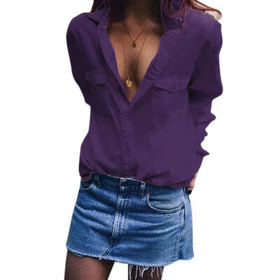 

Button V-neck solid color T-shirt casual loose T-shirt long-sleeved shirt women\s 2019 autumn new long sleeve