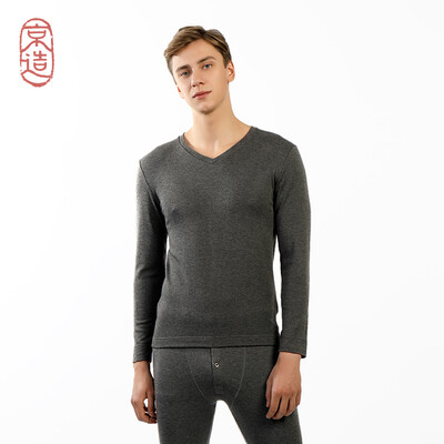 

JZAO mens thermal underwear wool thickening autumn clothes long pants warm set dark gray V-neck XXL code