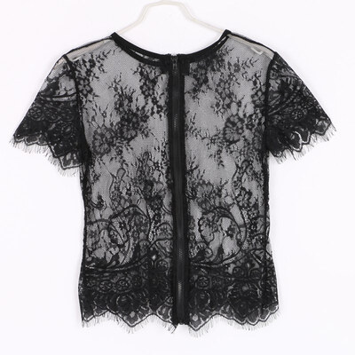 

Sexy Women Blusas Femininas Black short Sleeve V Neck Sexy Vintage Lace Blouse Hollow Out Zipper Back Crop Top Clubwear LZH7
