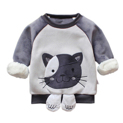 

Childrens sweatshirts Cat print Cartoon Long Sleeve O neck Baby Autumn winter Plus velvet thicken Kids tops toddler sweatshirts