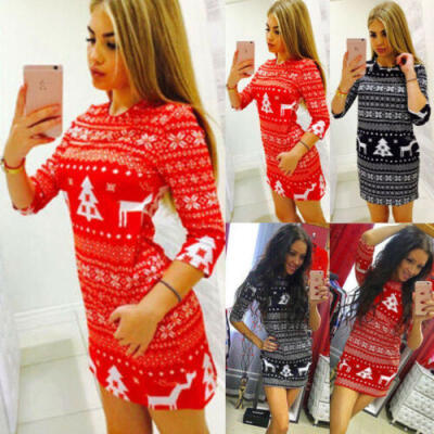 

Women Round Neck Long Sleeve Christmas Pattern Printed Dress Slim Waist Pullover