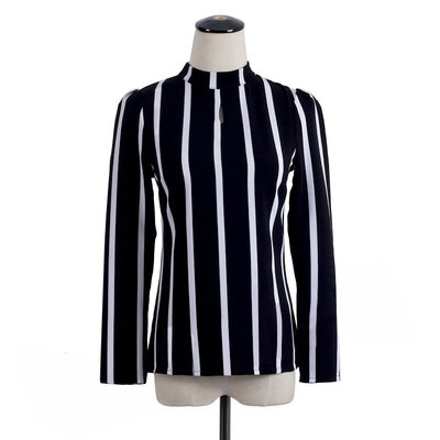 

Women Office Shirts Korean Style Women Hollow Out Long Sleeve Striped Chiffon Blouse