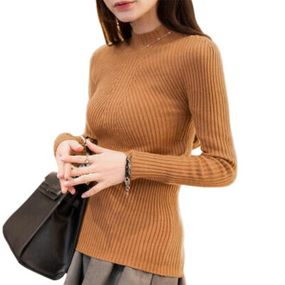 

Solid Color Sweater High Neck Knitted Jumper Women Long Sleeve Slim Tops