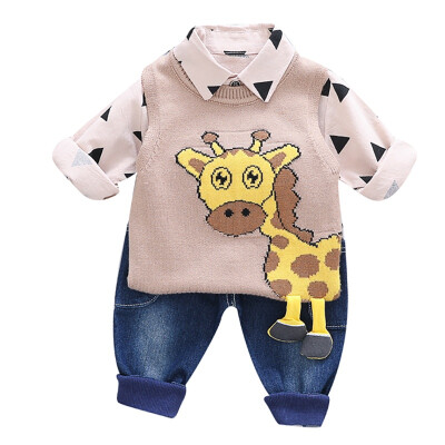 

Autumn Baby Cute Boy Long Sleeve Geometric Print T-shirt Sleeveless Deer Sweater Denim Trousers Casual Outfits