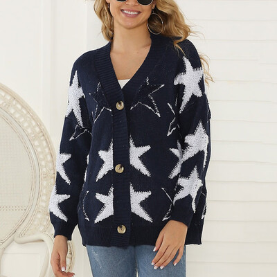 

Tailored Women V-Neck Printed Button Long Sleeve Knitted Sweater Loose Cover Up Cardigan