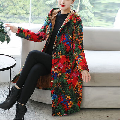 

Tailored Fashion Women Hooded Warm Retro Printing Top Long Sleeve Blouse Loose Coat