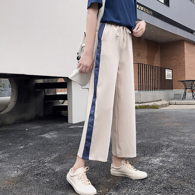 

Women Fashion Side Striped Wide Leg Pants Female High Waist Summer Loose Long Pants Ladies Straight Sports Casual Trousers