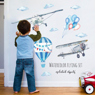 

Hand Painted Style Hot Air Balloon Wall Stickers Sharks Airplane Wall Decals for Kids Room Baby Nursery Decoration Home Decor