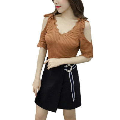 

Summer Beach T Shirt Women 2017 Fashion Casual Stretch V Neck Short Sleeve Tops Tee Cotton Off Shoulder T-Shirts