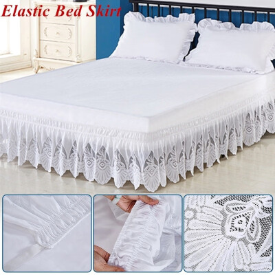 

White Ruffle Lace Elastic Bed Skirt 3 Sided Wrapped 15 Inches Drop Length FullQueenRV KingCalifornia King 4 Size Bed Wrap